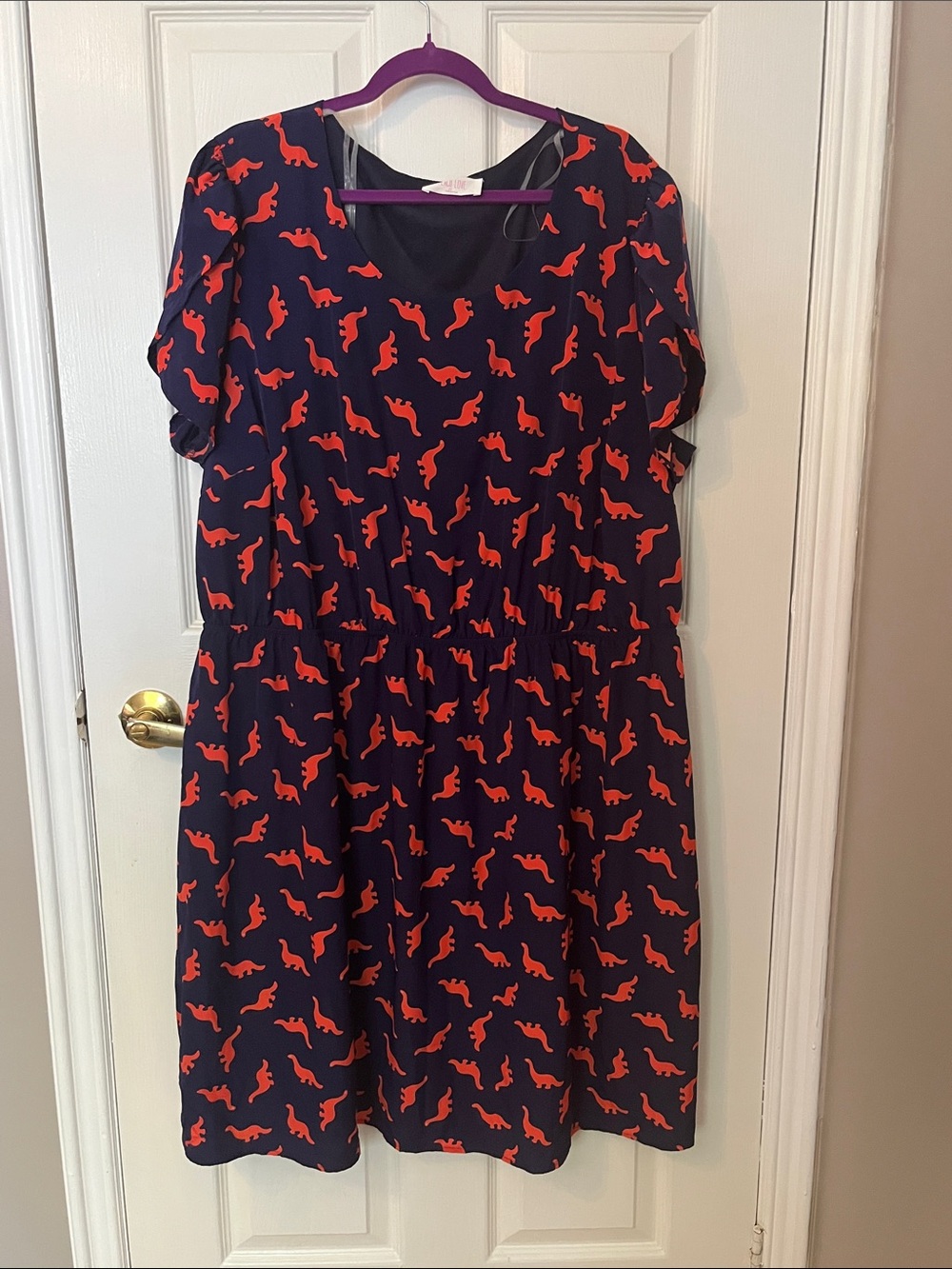 Peach Love California Navy Dress with Orange Dino Print